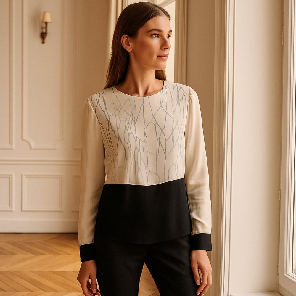 Jonathan Simkhai Cream Black Colorblock Shatter Print Silk Blouse